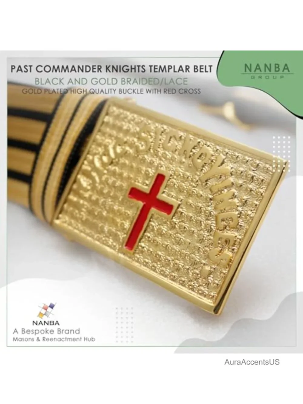 Knights Templar Ceremonial Belt Braided Gold Plated Buckle Red Cross